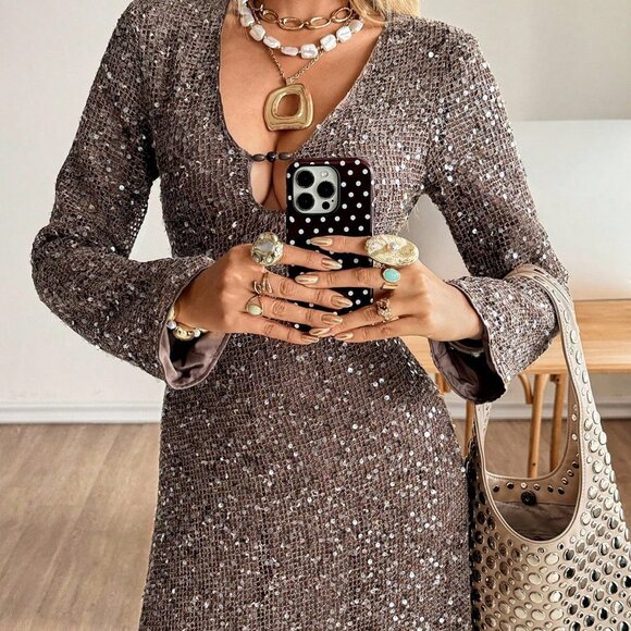 Brown Sequin Mesh V-Neck Women's Party Dress - Picture 4 of 9